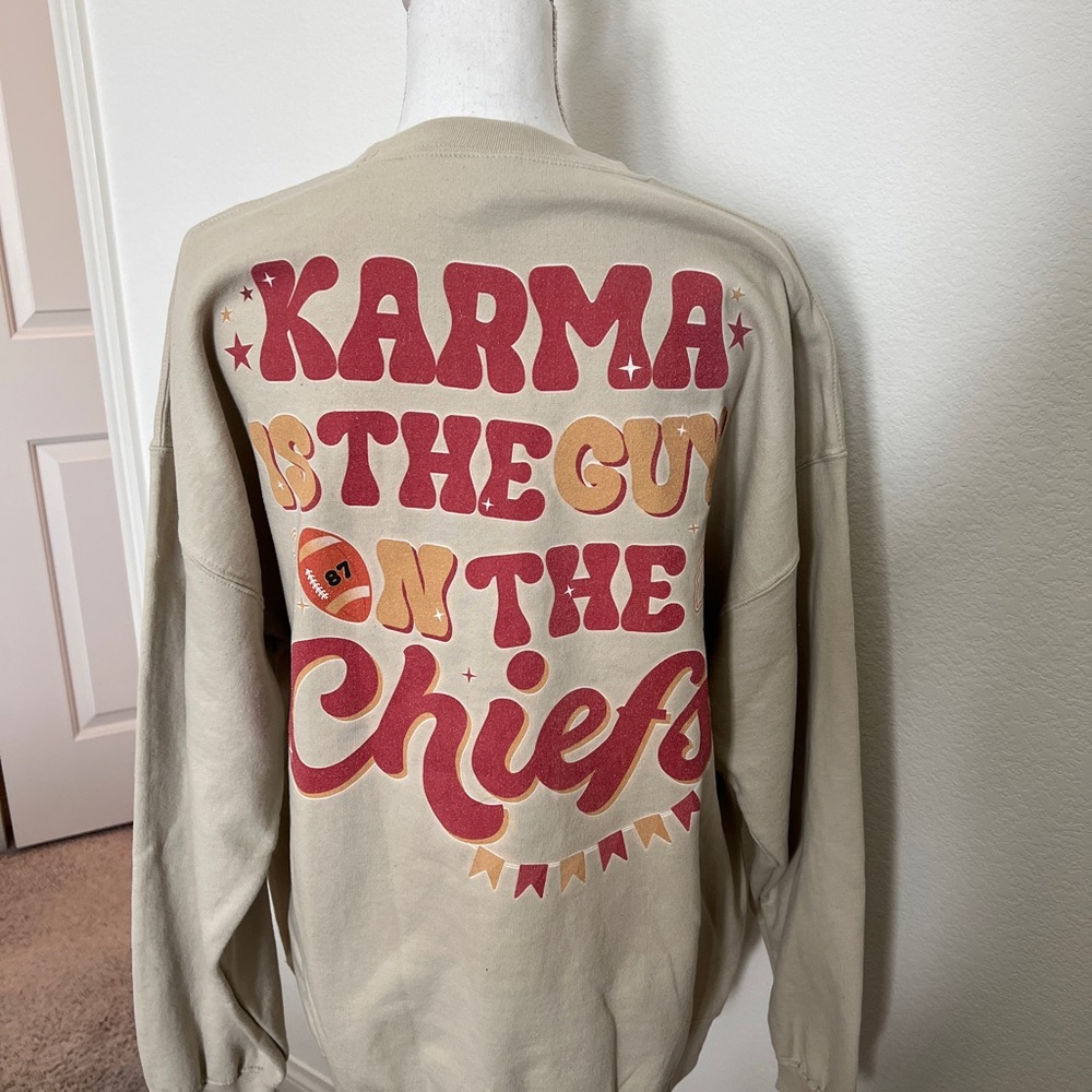 Beige Chiefs Crewneck Sweatshirt, Go Taylor’s Boyfriend, Karma is the Guy Kansas